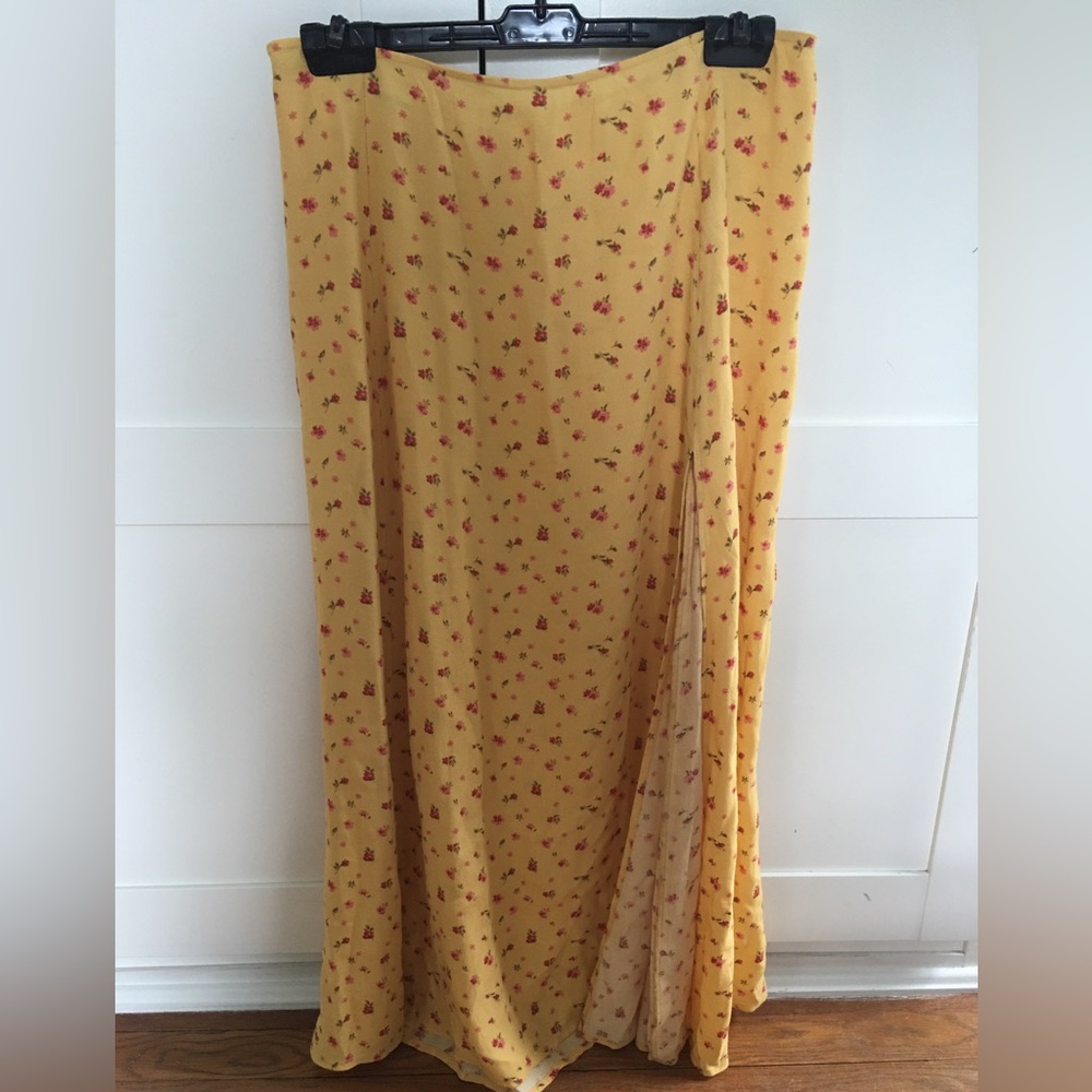 Reformation Zoe Skirt in Gwen Yellow Red Floral Midi Slit High Rise Crepe